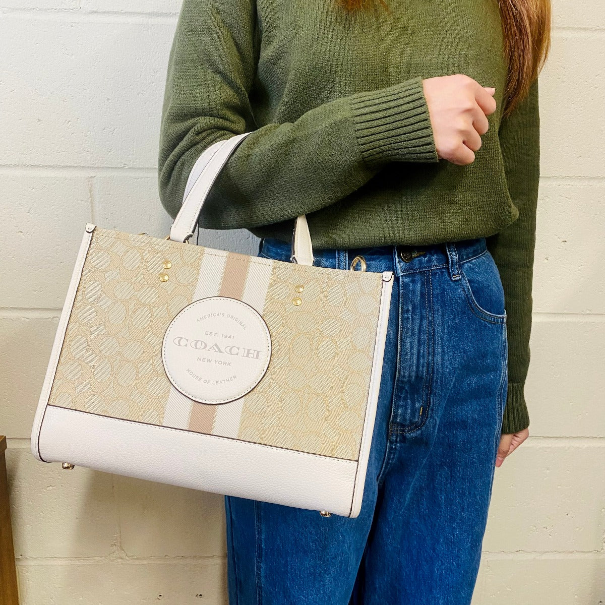 Coach C8448 Dempsey Carryall In Signature Jacquard With Stripe And Coach Patch In Gold/Light Khaki Chalk Coach C8448 Dempsey Carryall In Signature Jacquard With Stripe And Coach Patch In Gold/Light Khaki Chalk